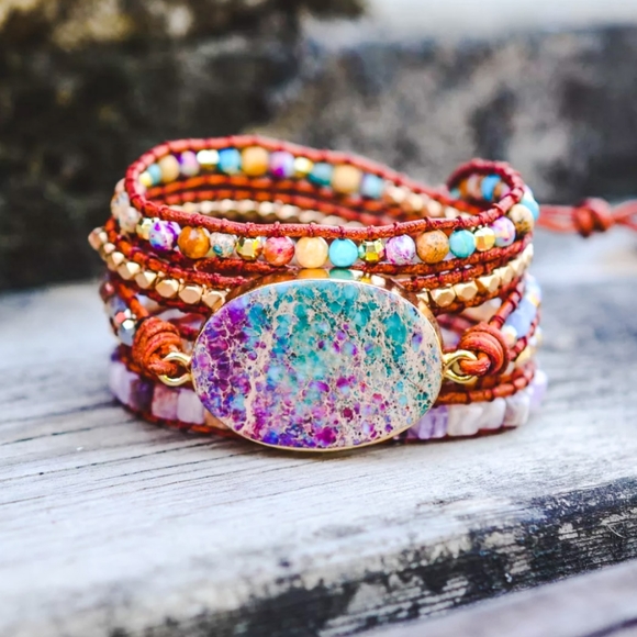 Colorful Sea Sediment Jasper Leather Handmade Bracelet - Picture 5 of 7